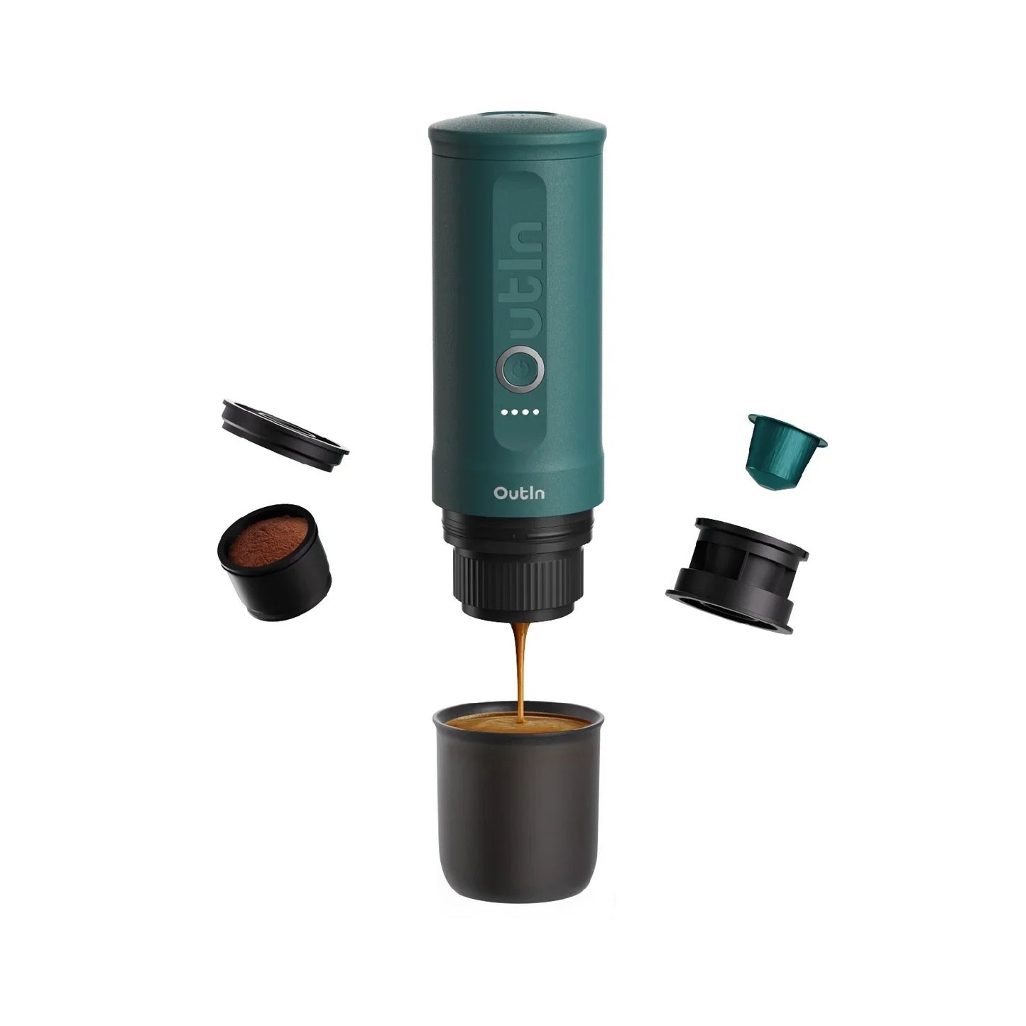 Portable coffee maker with components on a white background